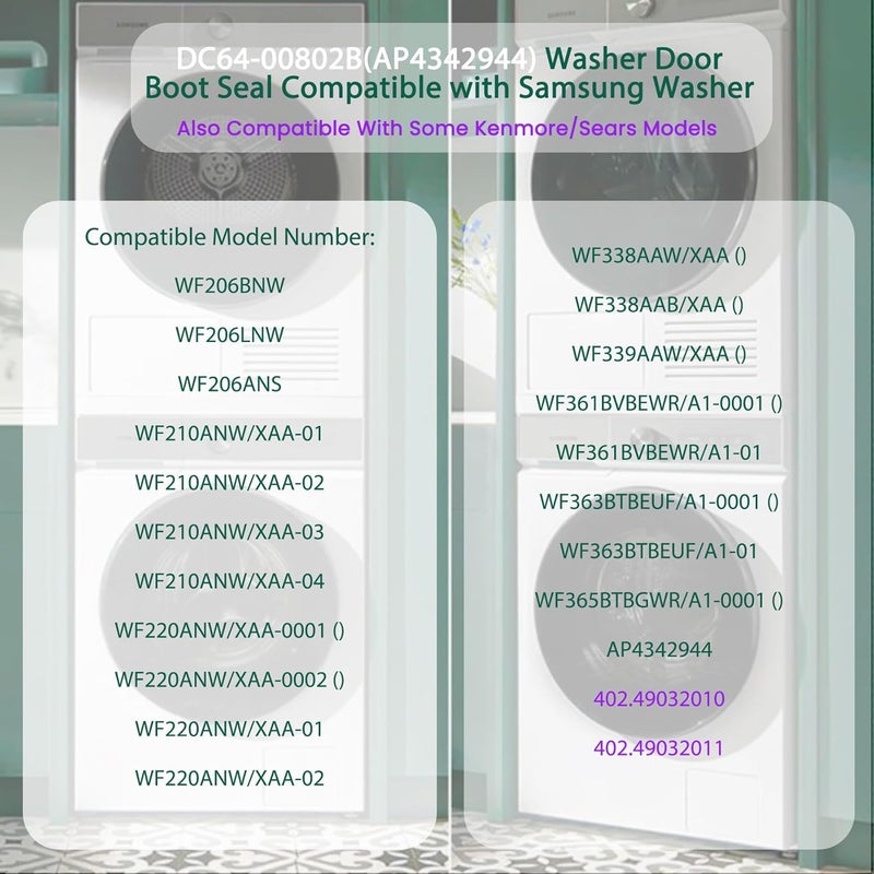 Srora DC64-00802B Washer Door Boot Seal Gasket Diaphragm for Samsung Washing Machine WF210ANW/XAA WF218ANW/XAA WF220ANW/XAA WF331ANW/XAA WF328AAW/XAA Replaces DC64-00802A AP4342944/P4205725 PS4210920 - Image 4